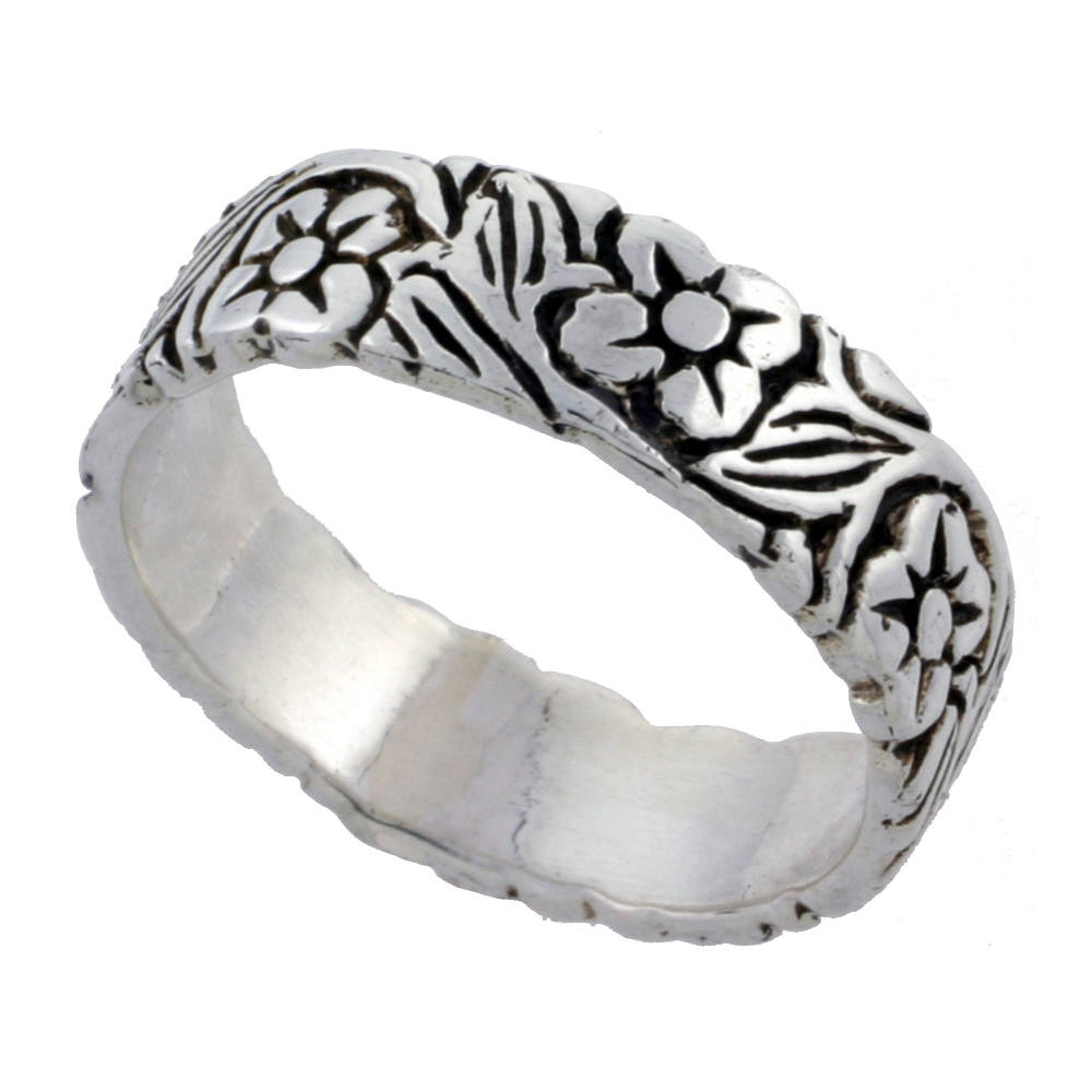 STERLING SILVER FLOWER VINE RING 3/16 INCH WIDE SIZES 6 - 10