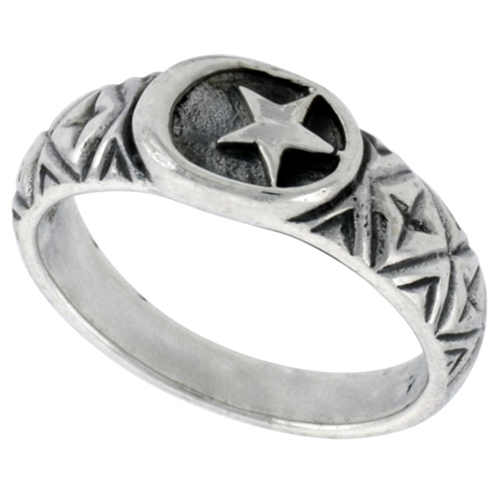 STERLING SILVER CRESCENT MOON & STAR RING FOR WOMEN 1/4 INCH SIZES 6 - 10