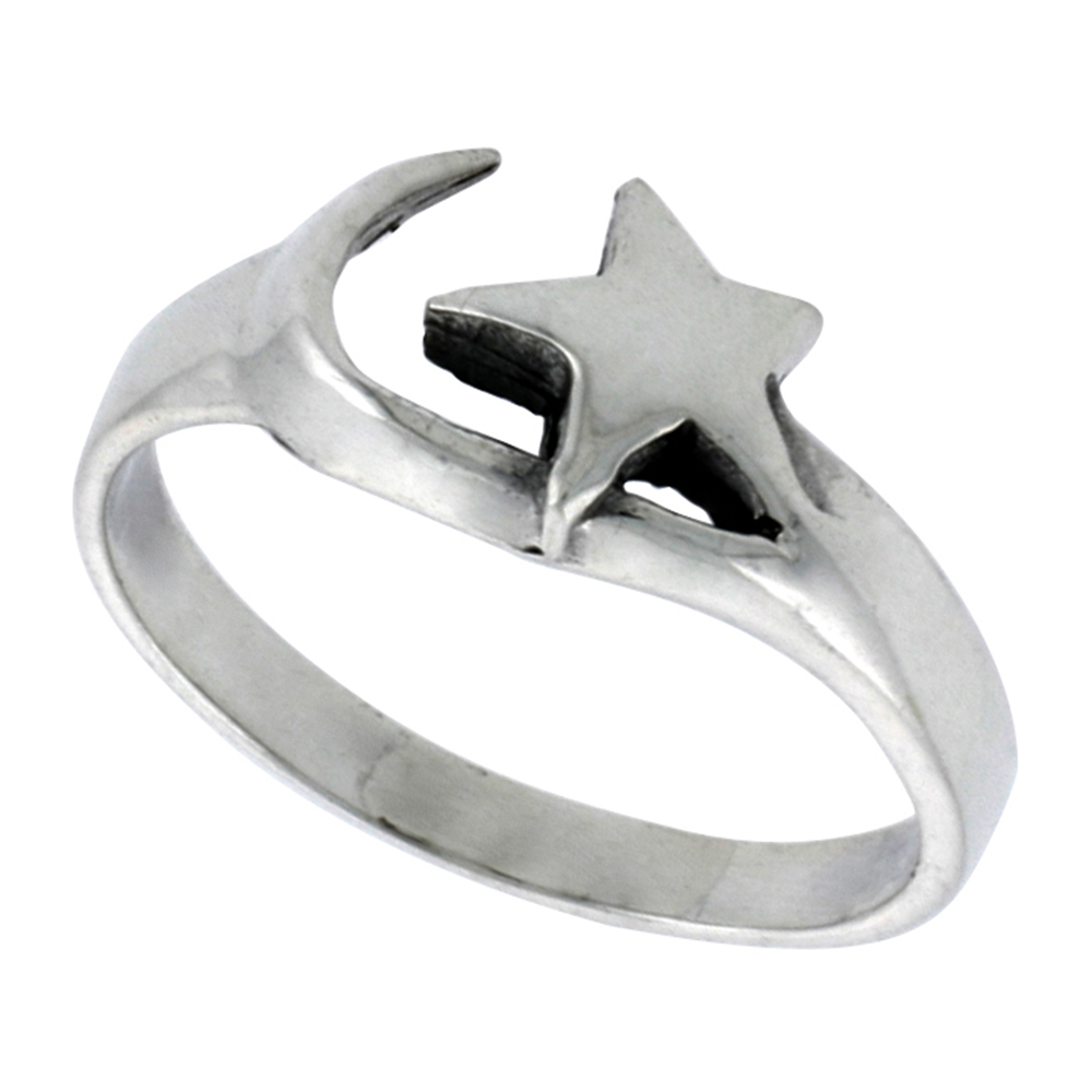 STERLING SILVER CRESCENT MOON & STAR RING FOR WOMEN 5/16 INCH WIDE SIZES 6 - 10