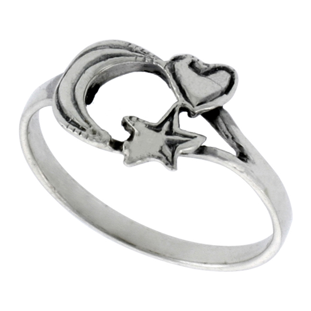 STERLING SILVER HEART MOON & STAR RING FOR WOMEN 7/16 INCH WIDE SIZES 6 - 10
