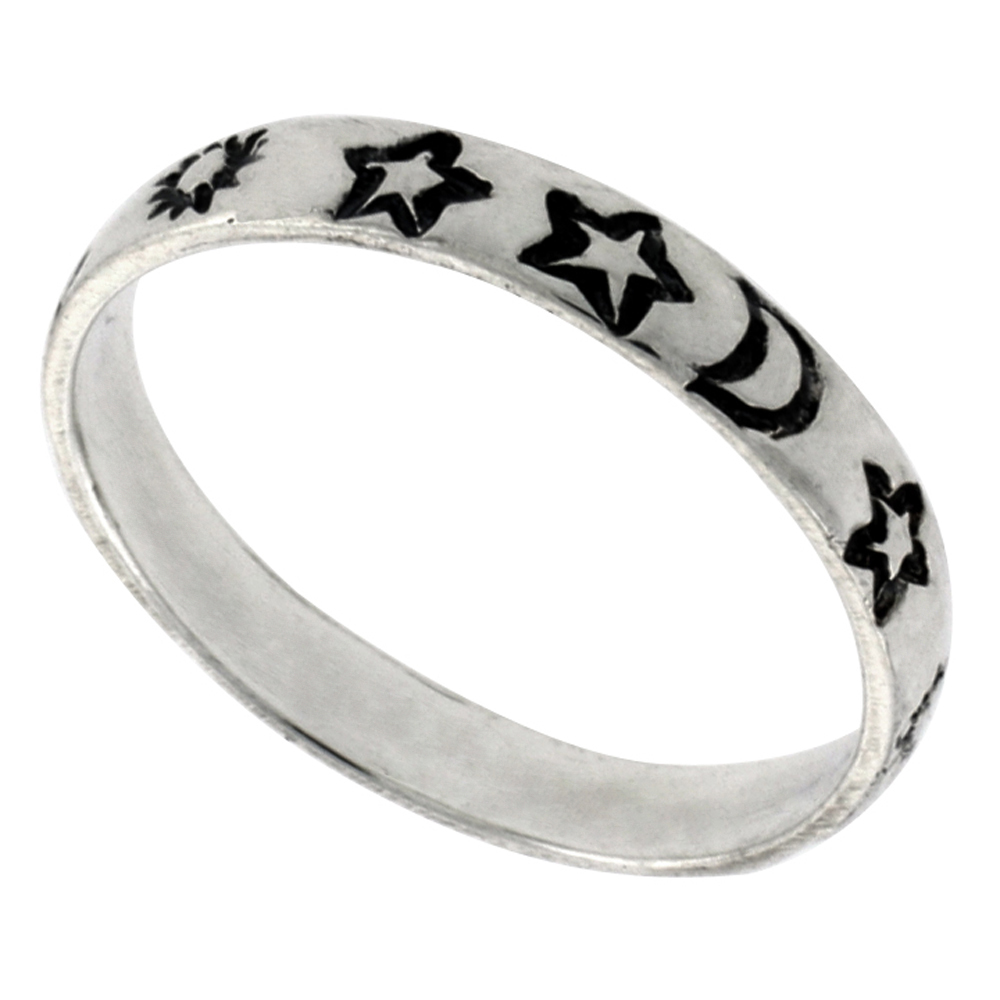 Sterling Silver Stackable Moon &amp; Stars Ring for Women Celestial Motif 1/8 inch sizes 6 - 10