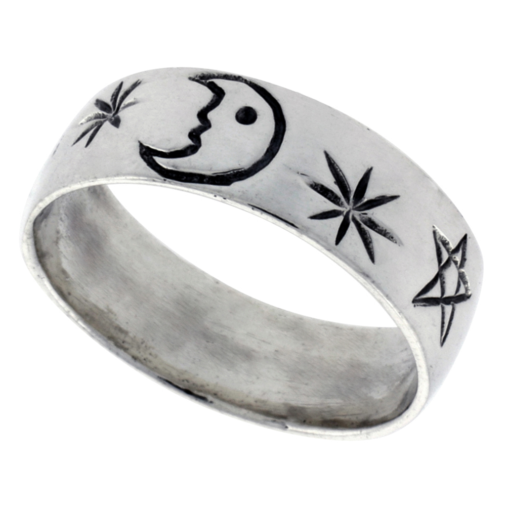 STERLING SILVER MOON & STAR RING FOR WOMEN 1/4 INCH SIZES 6 - 10
