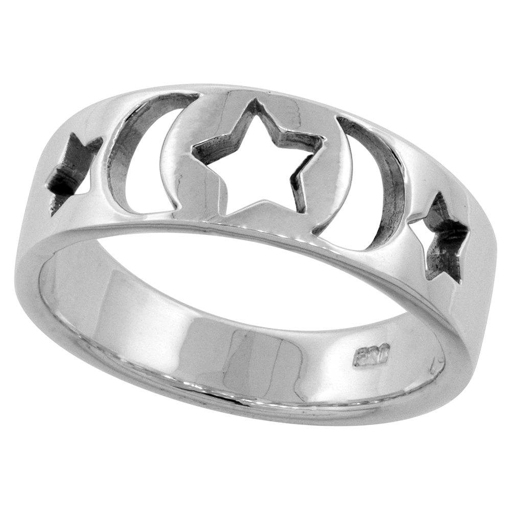 STERLING SILVER MOONS & STARS CIGAR BAND RING FOR WOMEN SIZES 6 - 10 1/4 INCH WIDE SIZES 6 - 10