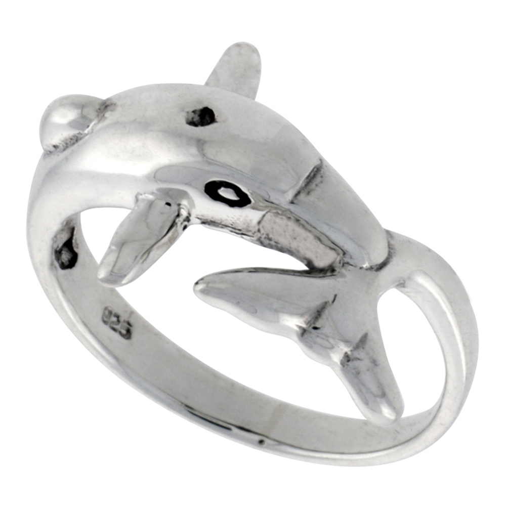 STERLING SILVER DOLPHIN RING FOR WOMEN 1/2 INCH WIDE SIZES 6 - 10