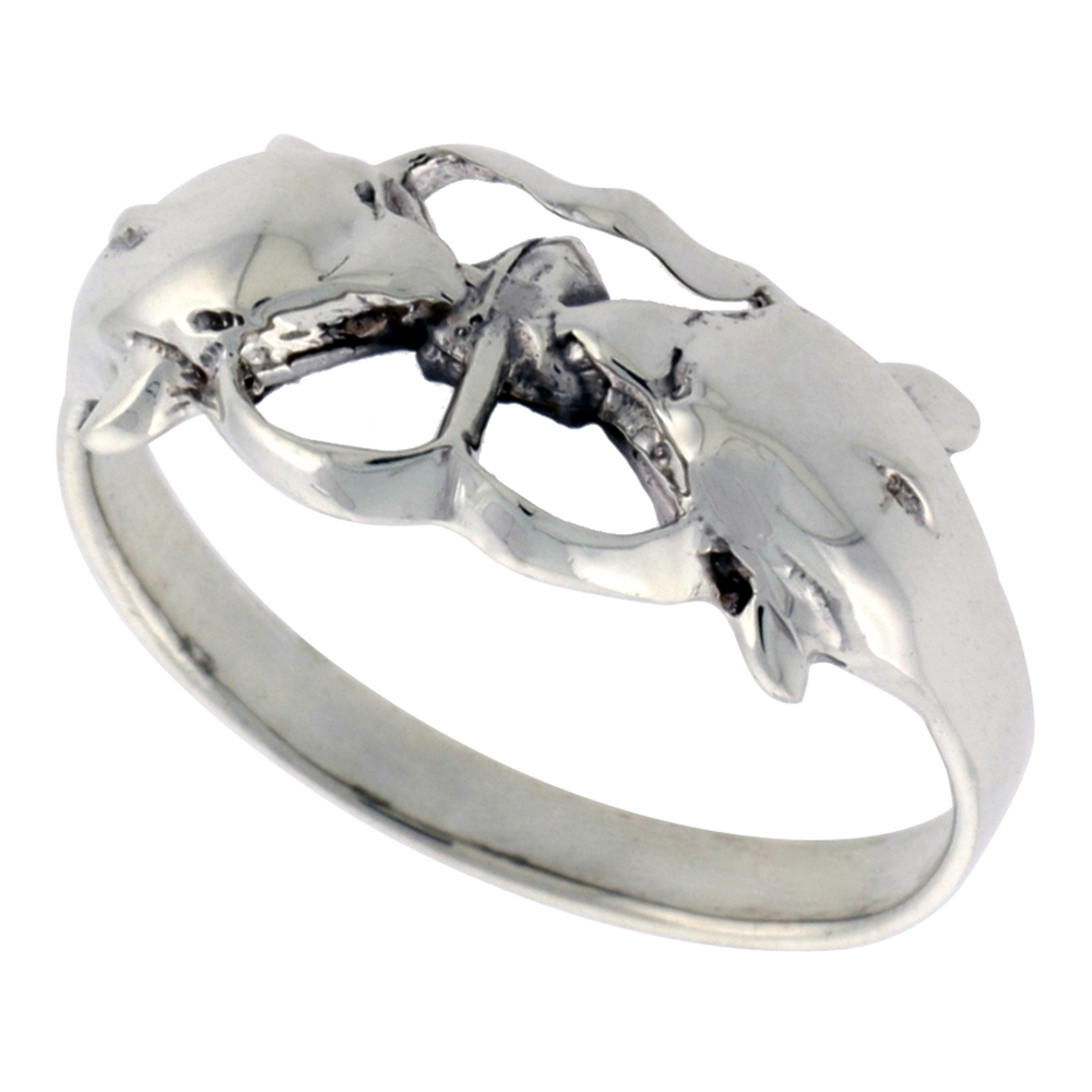 STERLING SILVER KISSING DOLPHIN RING FOR WOMEN 3/8 INCH WIDE SIZES 6 - 10