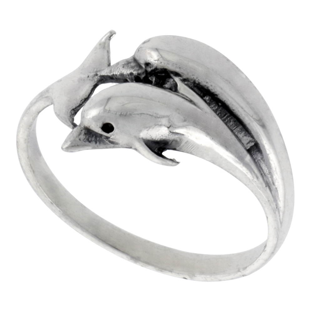 STERLING SILVER DOUBLE DOLPHIN RING FOR WOMEN 1/2 INCH WIDE SIZES 6 - 10