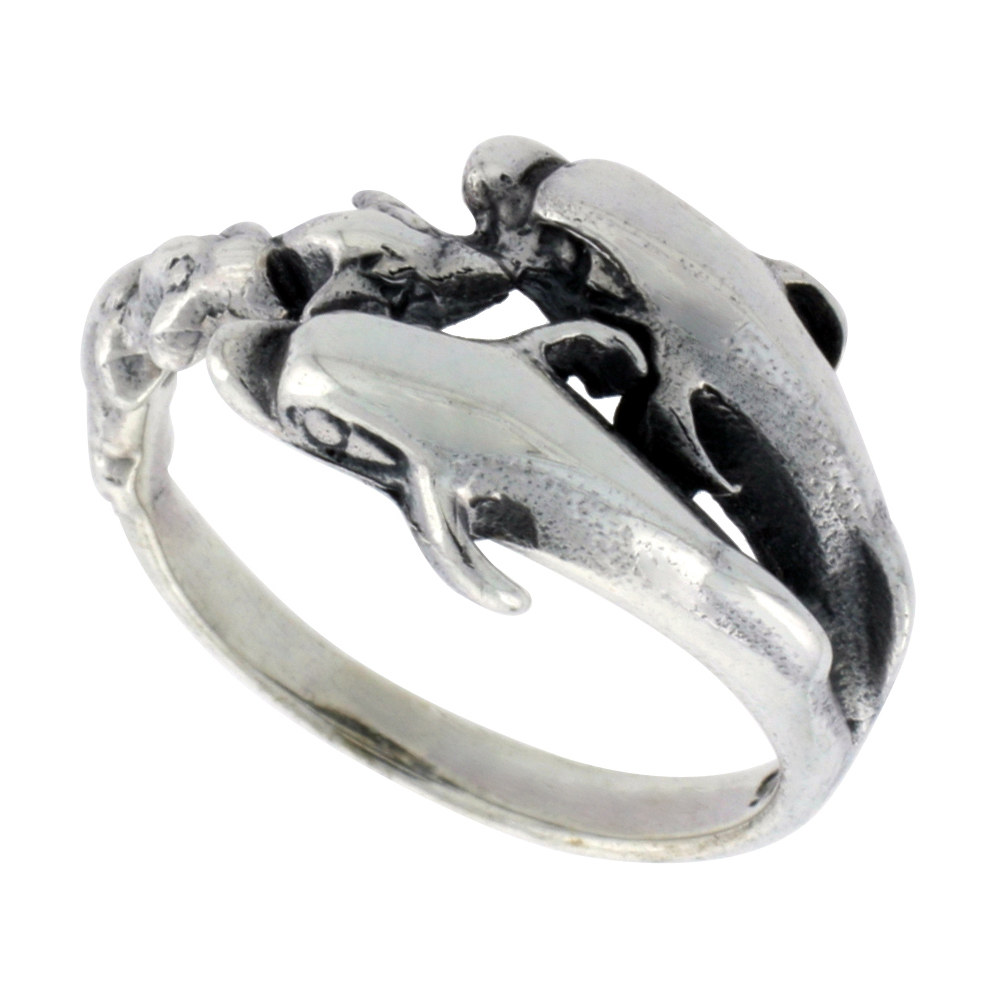 STERLING SILVER DOUBLE DOLPHIN RING FOR WOMEN 1/2 INCH WIDE SIZES 6 - 10