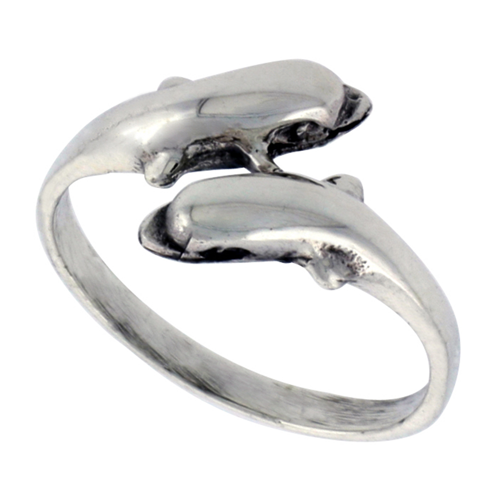 STERLING SILVER DOUBLE DOLPHIN RING FOR WOMEN 1/2 INCH WIDE SIZES 6 - 10