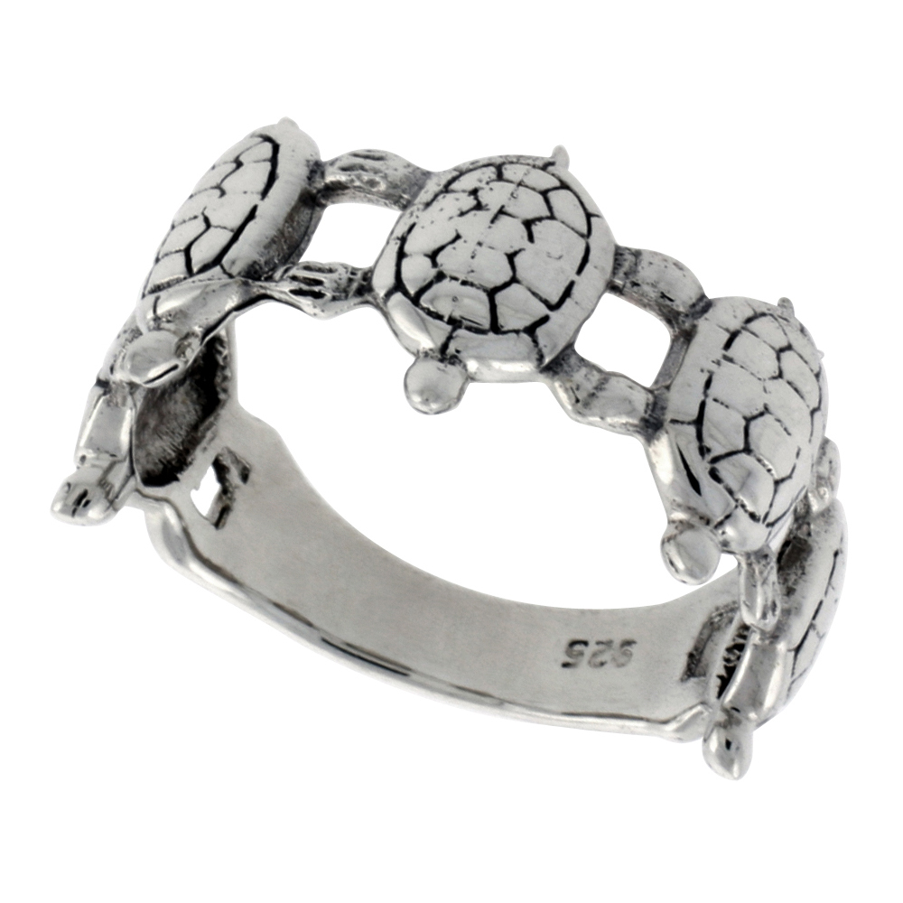 STERLING SILVER TURTLES RING FOR WOMEN 3/8 INCH WIDE SIZES 6 - 10