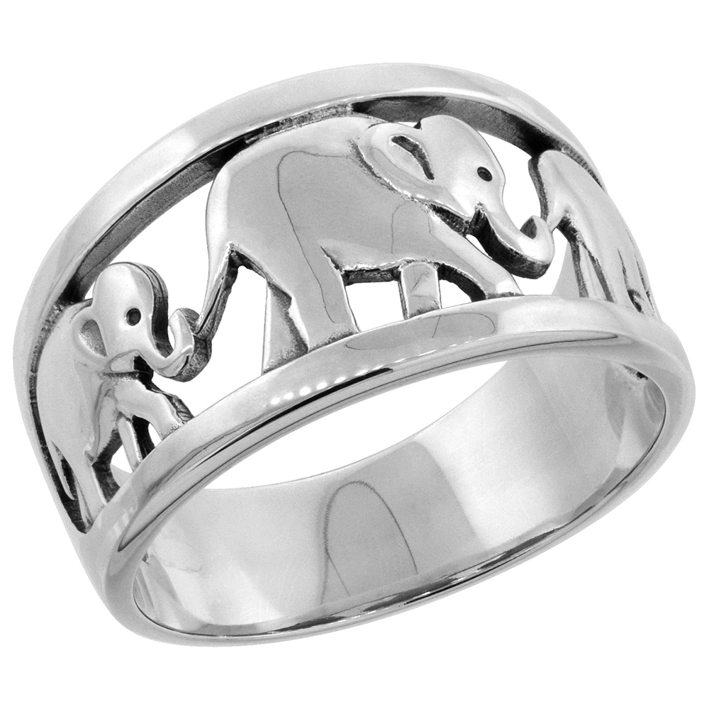STERLING SILVER ELEPHANTS RING FOR WOMEN 7/16 INCH WIDE SIZES 6 - 10