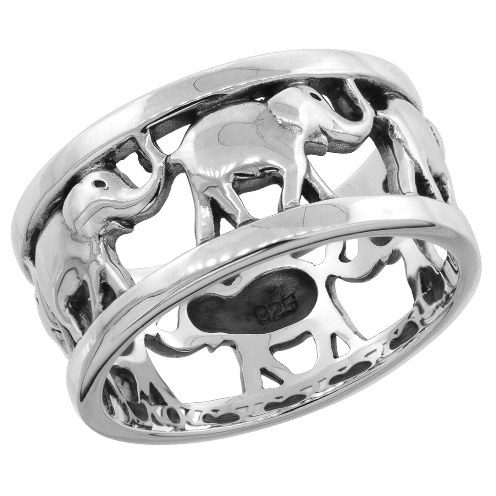 STERLING SILVER ELEPHANTS RING FOR WOMEN 5/16 INCH WIDE SIZES 6 - 14
