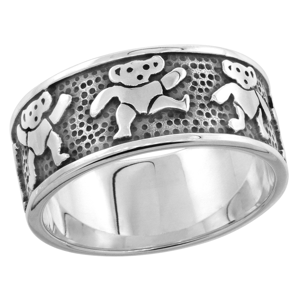 STERLING SILVER DANCING BEARS RING FOR WOMEN AND MEN 5/16 INCH WIDE SIZES 6 - 10