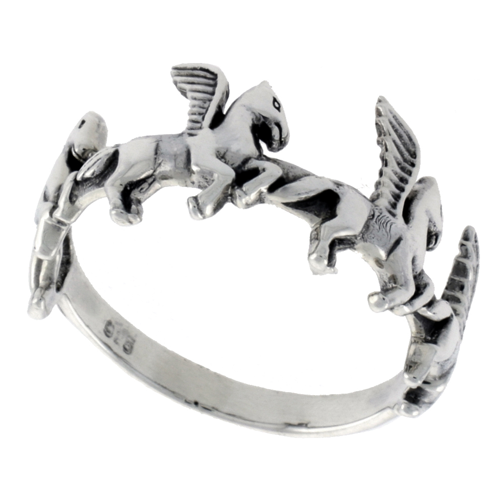 STERLING SILVER PEGASUS RING FOR WOMEN 3/8 INCH WIDE SIZES 6 - 10