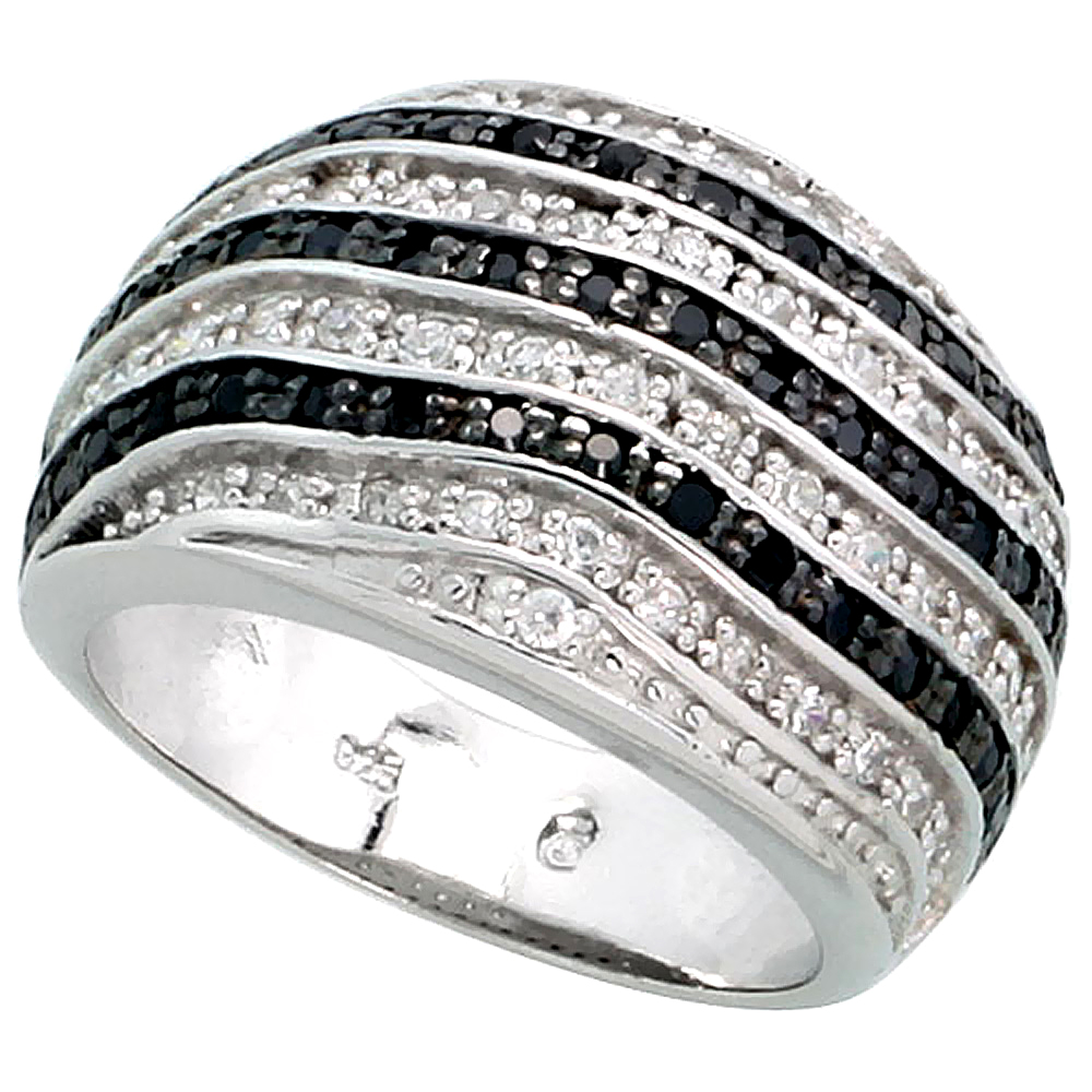 STERLING SILVER BLACK CZ STRIPED DOME RING FOR WOMEN 1/2 INCH WIDE