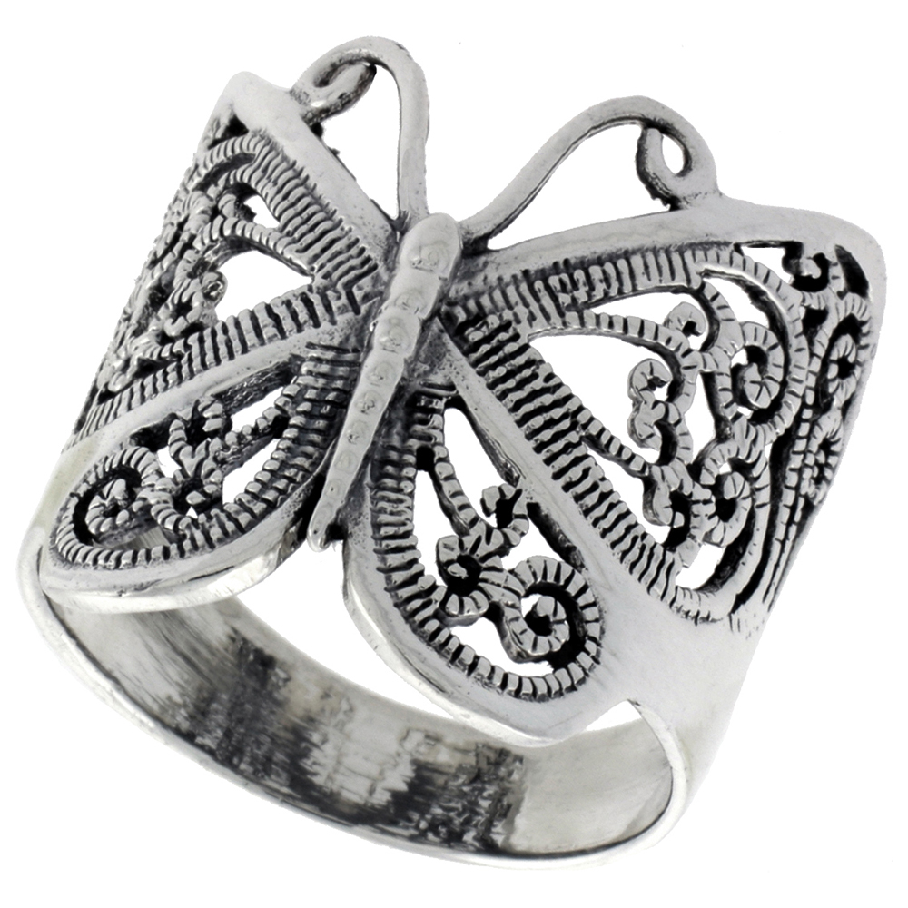 STERLING SILVER FILIGREE BUTTERFLY RING FOR WOMEN LARGE 1 INCH SIZES 6 - 10