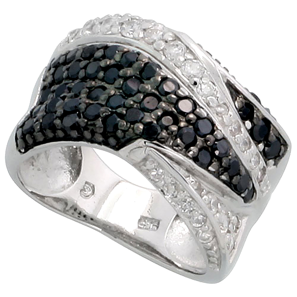 STERLING SILVER BLACK CZ FREEFORM RING FOR WOMEN 7/16 INCH WIDE