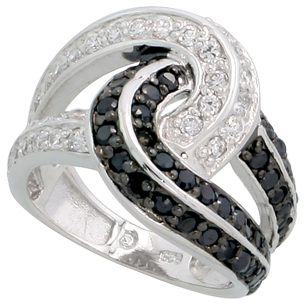 STERLING SILVER BLACK CZ LOVE KNOT RING FOR WOMEN 5/8 INCH WIDE