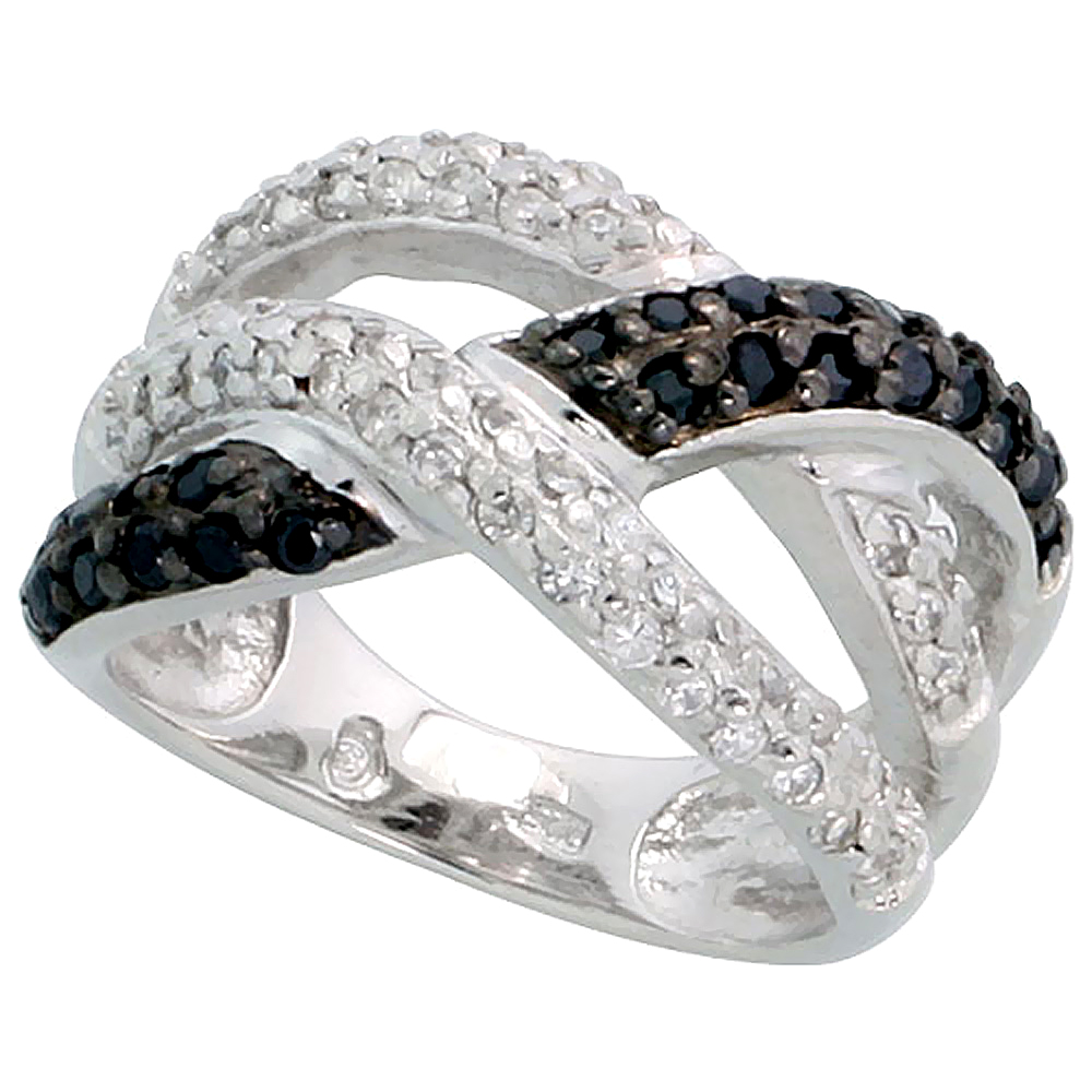 STERLING SILVER BLACK CZ BRAIDED RING FOR WOMEN 1/2 INCH WIDE
