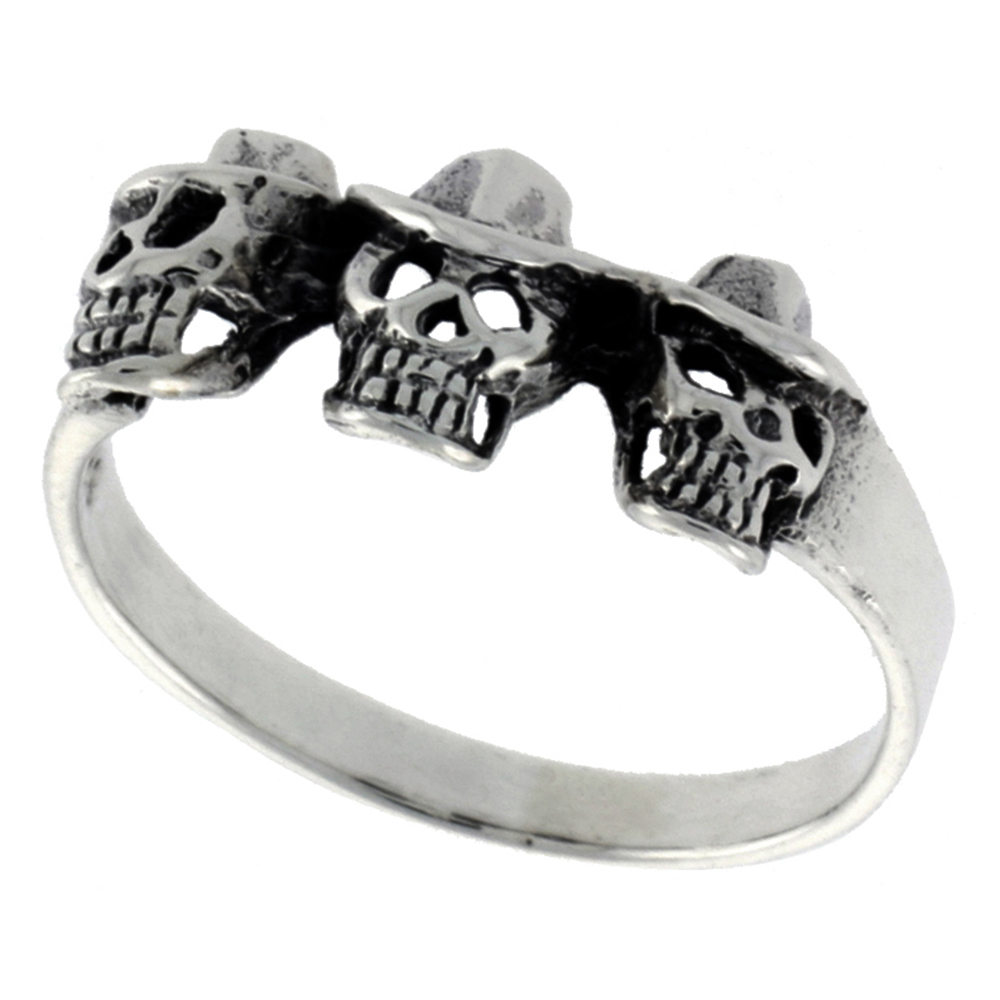 STERLING SILVER SKULLS WITH HATS RING FOR WOMEN DAINTY 3/8 INCH WIDE SIZES 6 - 10