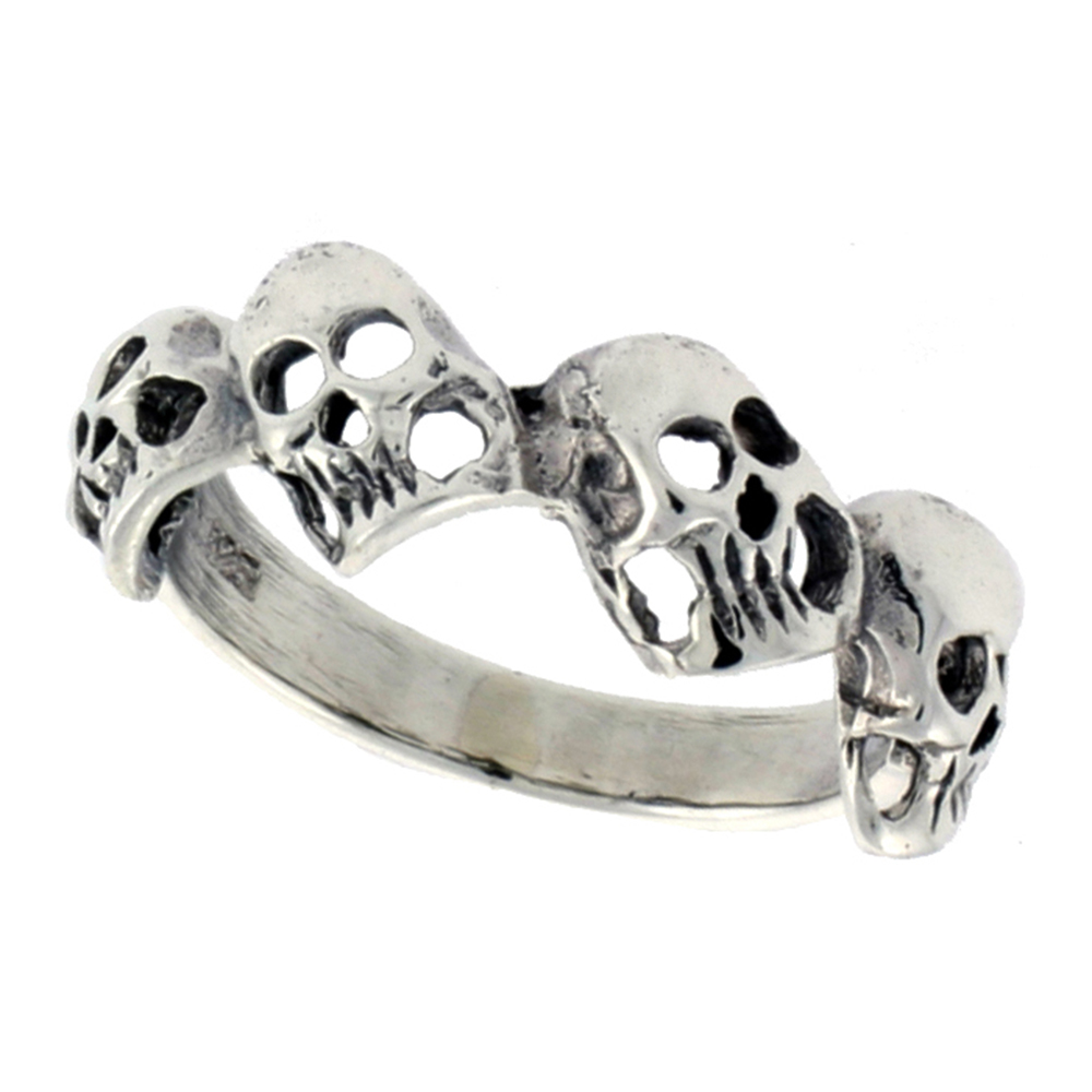 STERLING SILVER SKULLS RING FOR WOMEN DAINTY 5/16 INCH WIDE SIZES 6 - 10