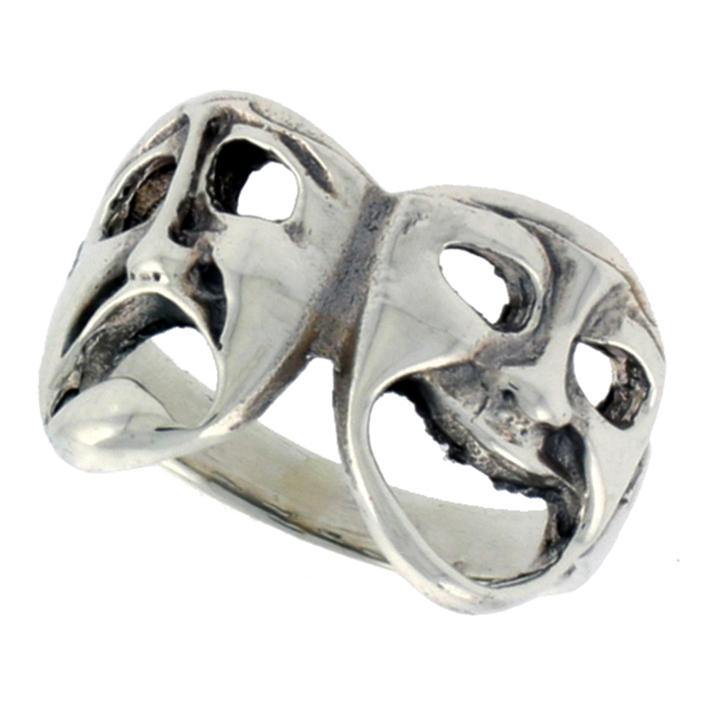 STERLING SILVER DRAMA MASKS RING FOR WOMEN LARGE 5/8 INCH WIDE SIZES 6 - 10