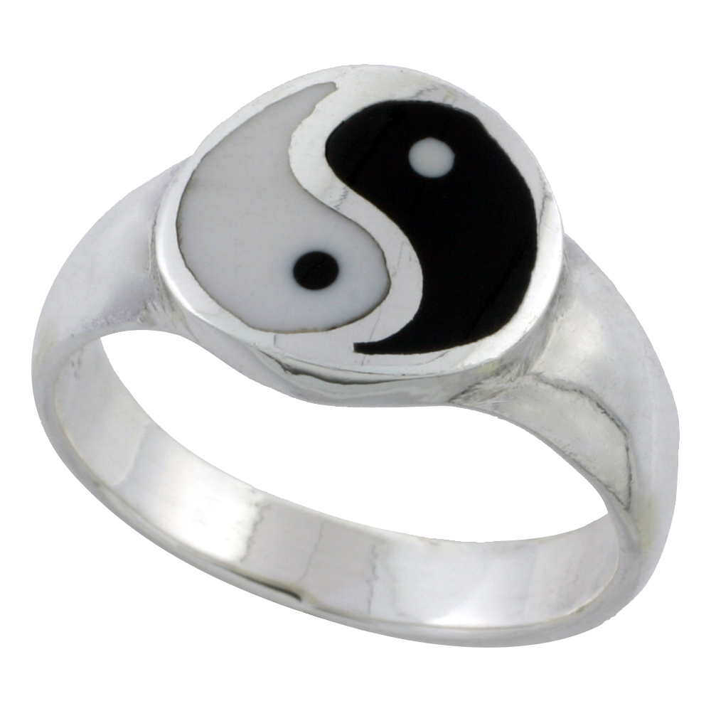 STERLING SILVER YIN YANG RING 7/16 INCH WIDE SIZES 6 - 10