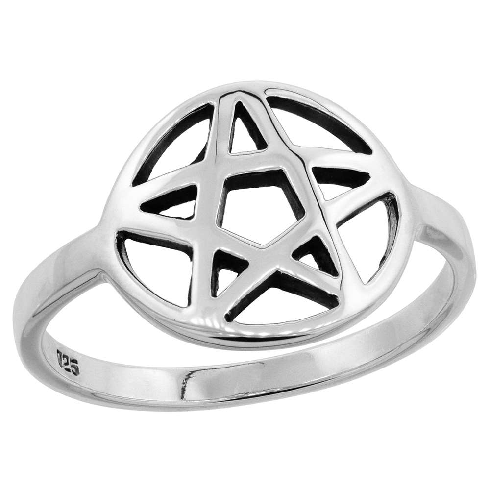 STERLING SILVER PENTAGRAM RING FOR WOMEN & TEENS FLAWLESS POLISHED FINISH 5/8 INCH WIDE SIZES 6 - 10