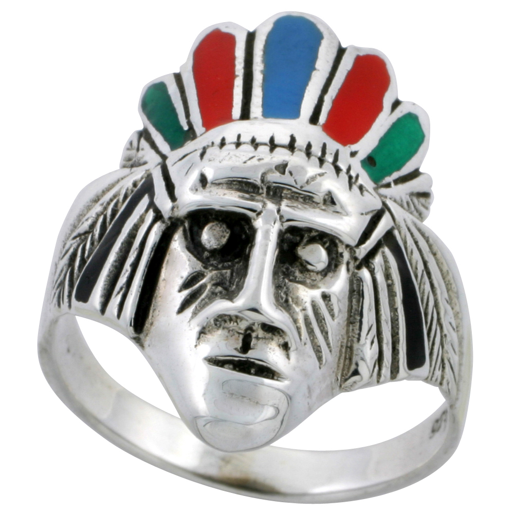 STERLING SILVER MULTI COLOR INDIAN CHIEF HEAD RING 1 INCH SIZES