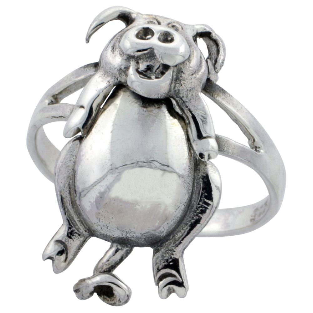 STERLING SILVER MOVABLE PIG RING 1 INCH SIZES 6 - 10