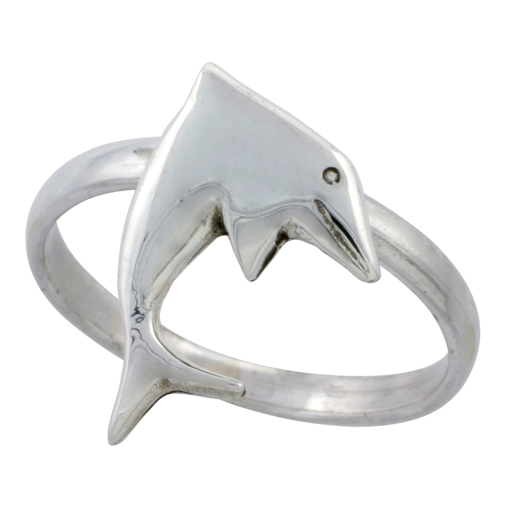 STERLING SILVER MOVABLE DOLPHIN RING 3/4 INCH SIZES 6 - 10