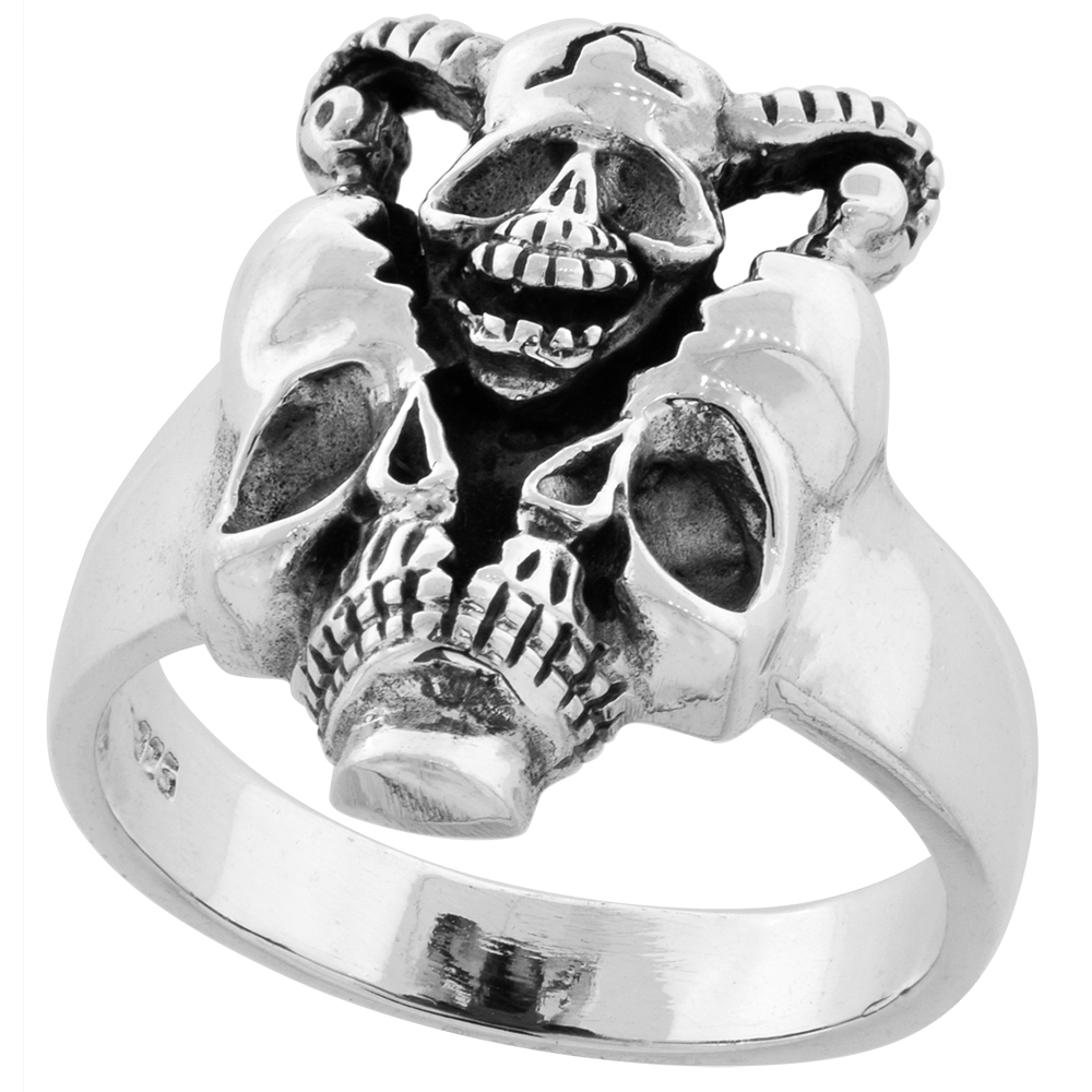 STERLING SILVER HORNED SKULL RING 7/8 INCH WIDE SIZES 6 TO 15
