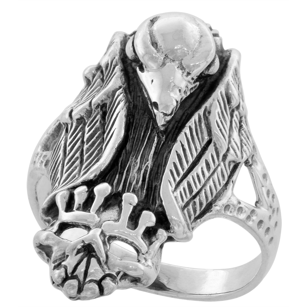 STERLING SILVER VULTURE WITH CROWNED SKULL RING 1 1/4 INCH WIDE SIZES 6 TO 15