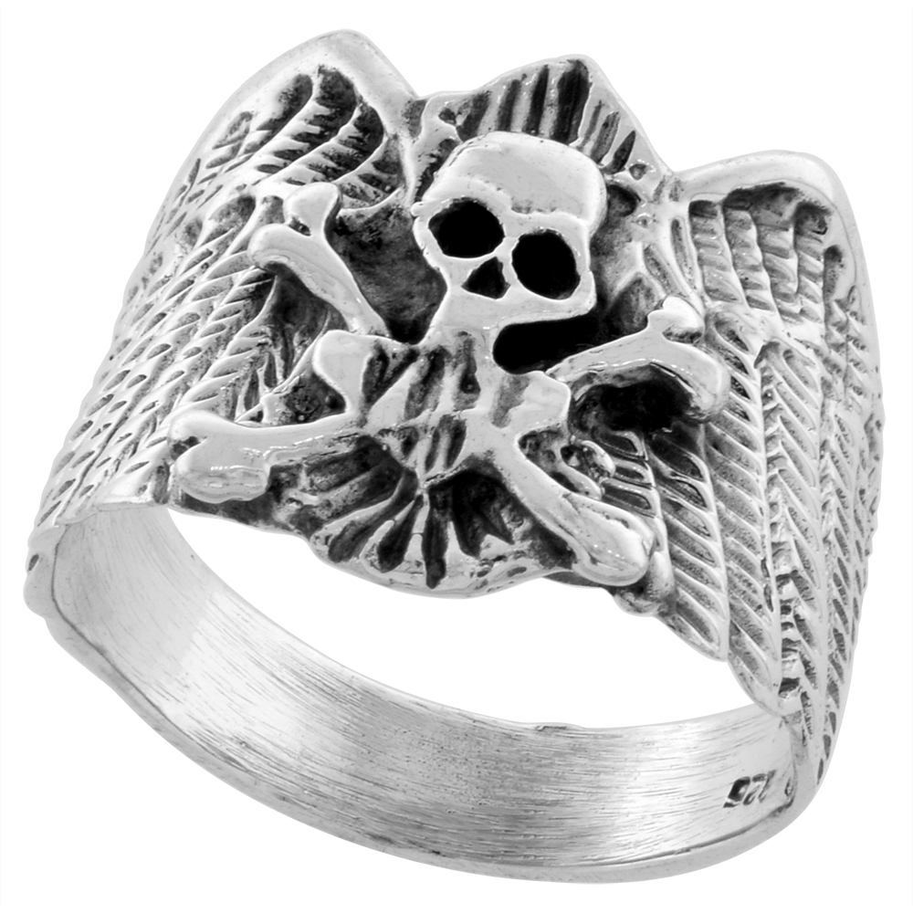 STERLING SILVER SKULL & CROSSBONES RING 3/4 INCH WIDE SIZES 6 TO 15