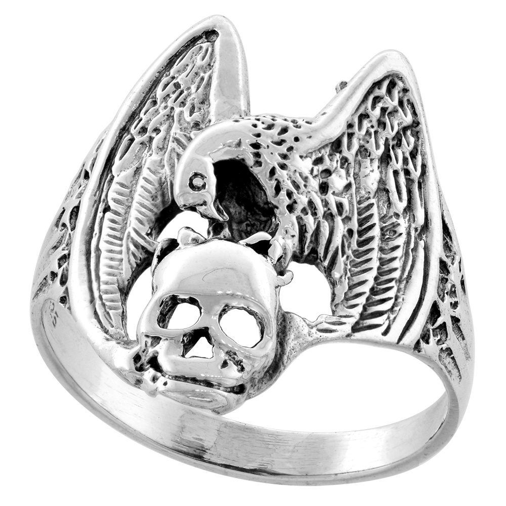 STERLING SILVER VULTURE WITH SKULL RING 1 INCH WIDE SIZES 6 TO 15