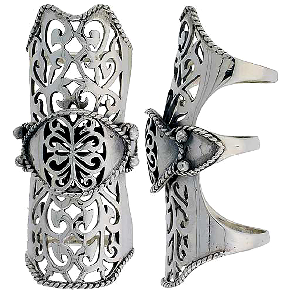 STERLING SILVER FILIGREE FINGER ARMOR RING 2 1/4 INCH WIDE