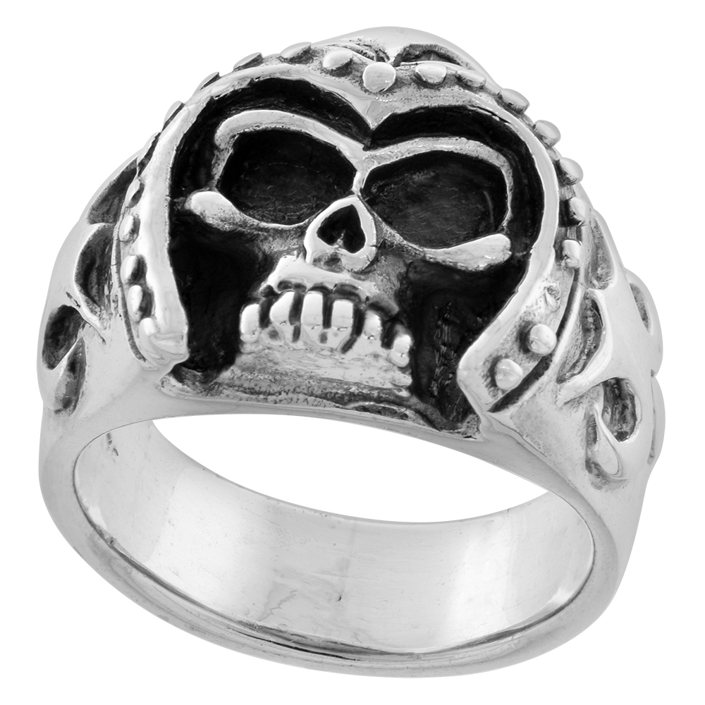 STERLING SILVER HELMET SKULL RING 3/4 INCH WIDE SIZES 8 TO 14