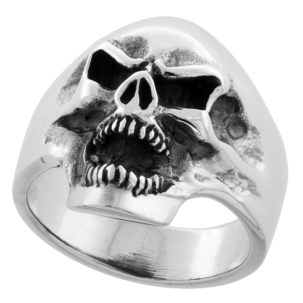 STERLING SILVER SKULL RING 1 1/16 INCH WIDE SIZES 8 TO 14