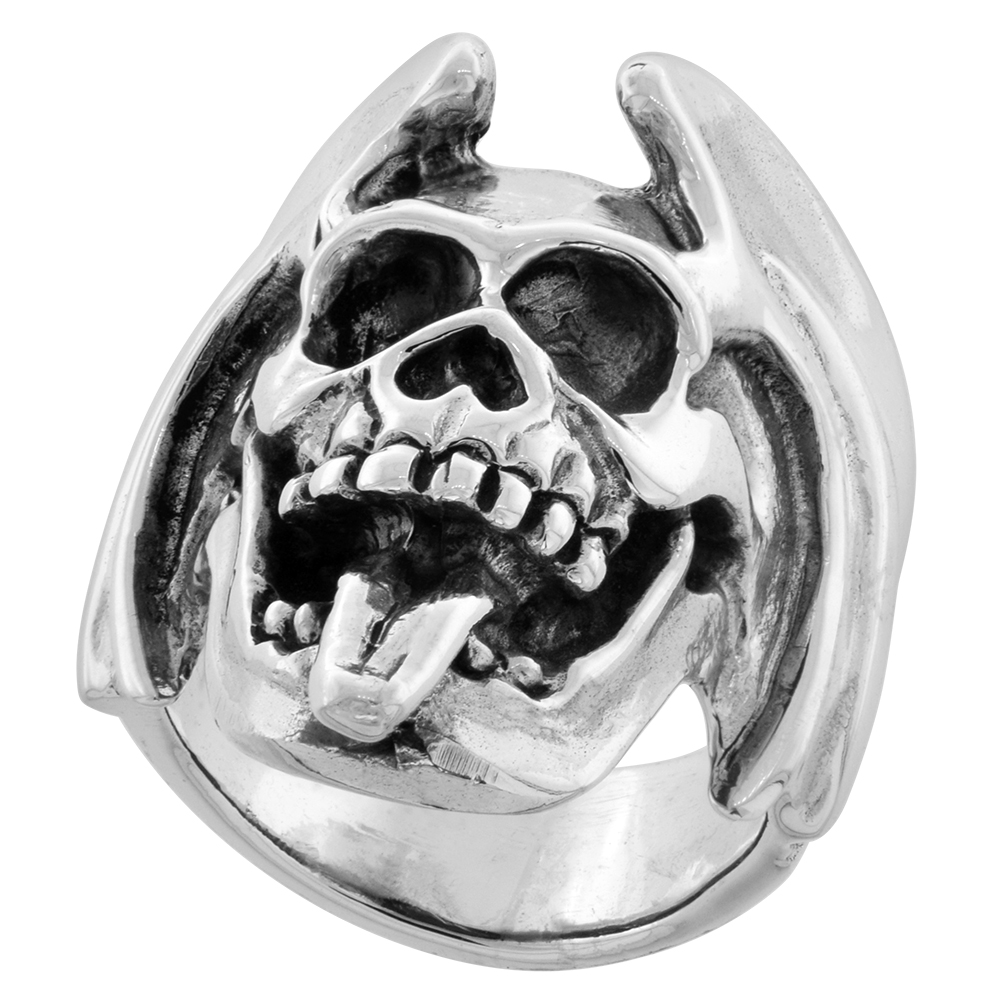 STERLING SILVER SKULL RING 1 1/8 INCH WIDE SIZES 8 TO 14