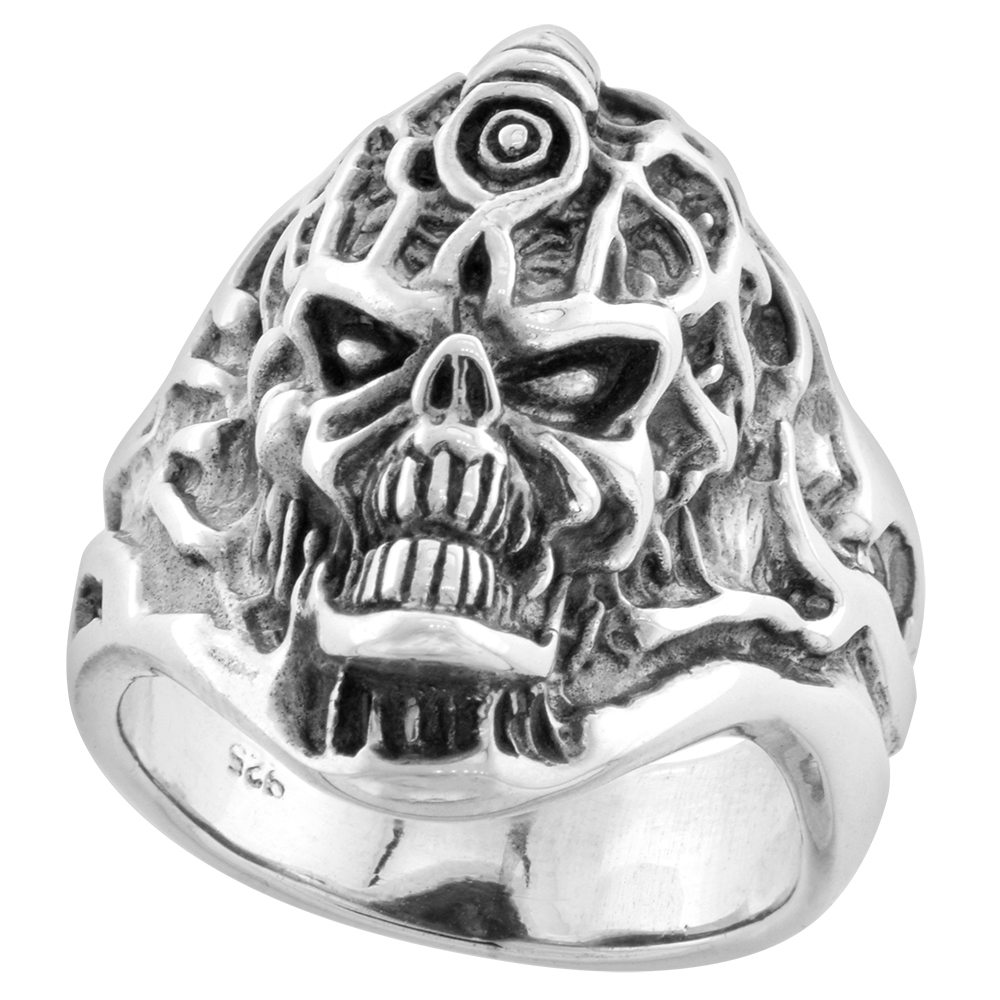 STERLING SILVER 6 SKULL RING 7/16 INCH WIDE SIZES 8 TO 14