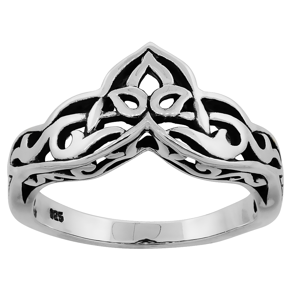 STERLING SILVER CELTIC CROWN RING FOR WOMEN 3/8 INCH WIDE SIZES 5 TO 12