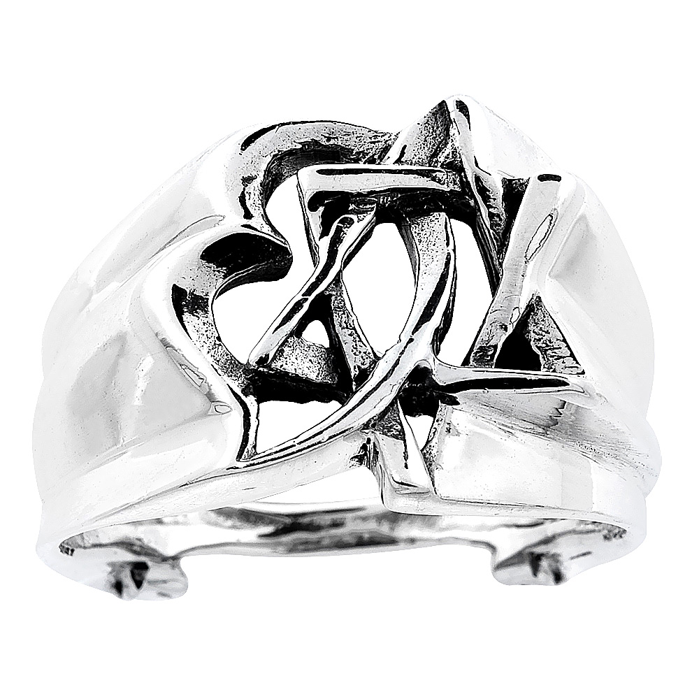 STERLING SILVER INTERLACING STAR OF DAVID & HEART RING FOR WOMEN 5/8 INCH WIDE SIZES 5 TO 12