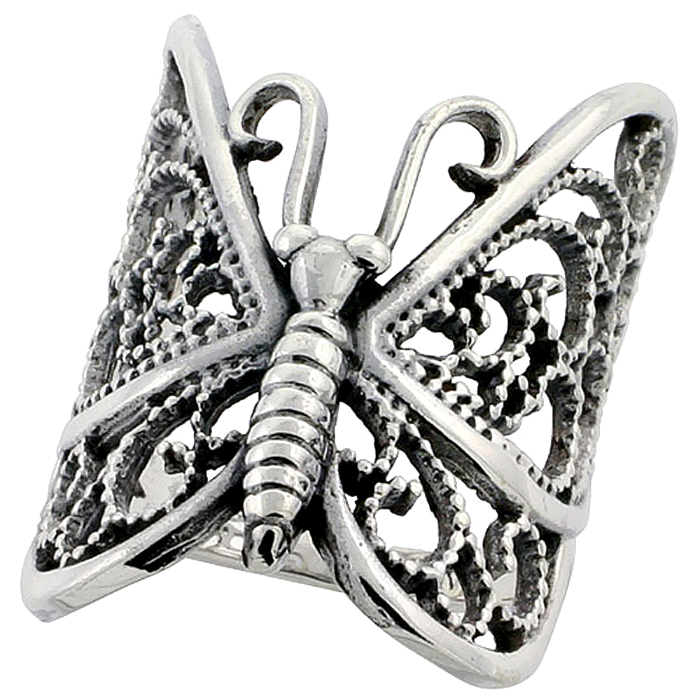 LARGE STERLING SILVER LONG FILIGREE BUTTERFLY RING FOR WOMEN 1 1/4 INCH (31MM) SIZES 6 - 10 1/2