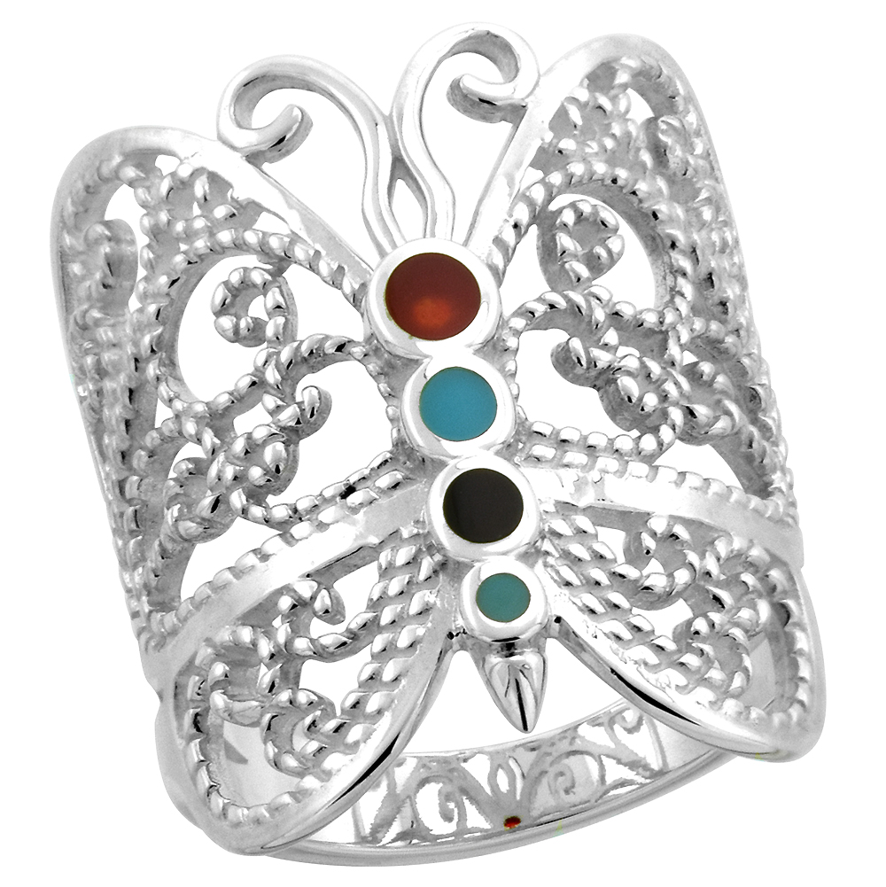 STERLING SILVER FILIGREE BUTTERFLY RING FOR WOMEN 1 INCH WIDE SIZES 6 - 10