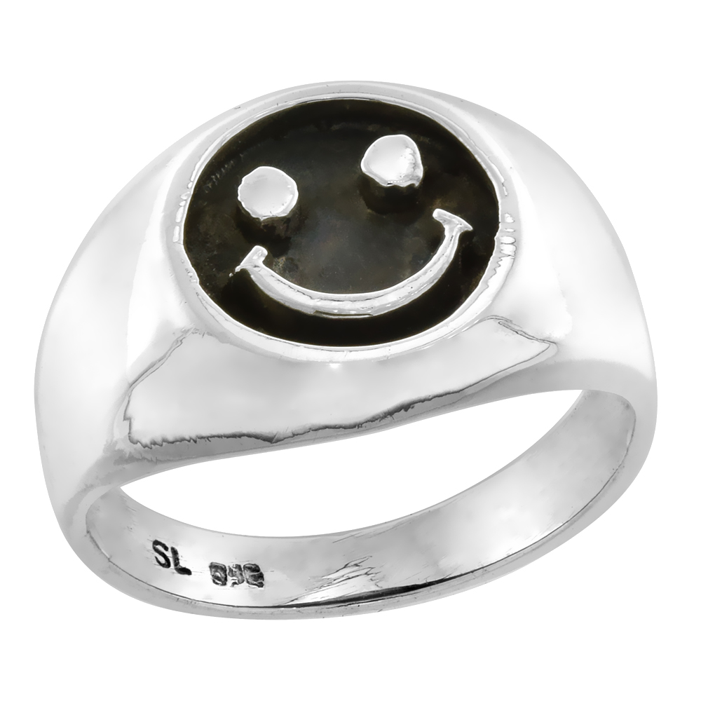 STERLING SILVER HAPPY FACE RING FOR MEN & WOMEN 1/2 INCH