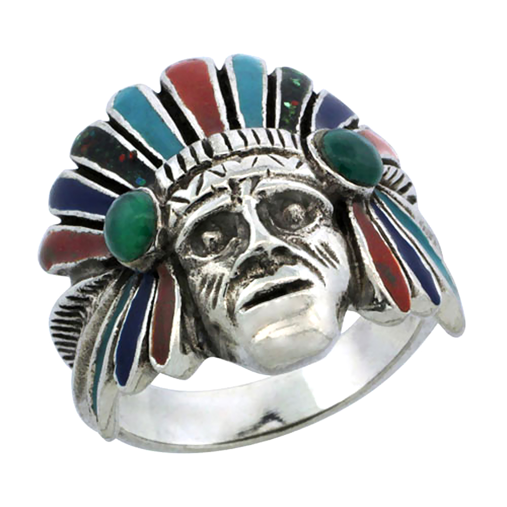 STERLING SILVER INDIAN CHIEF RING FOR MEN MULTICOLOR BONNET 1 INCH