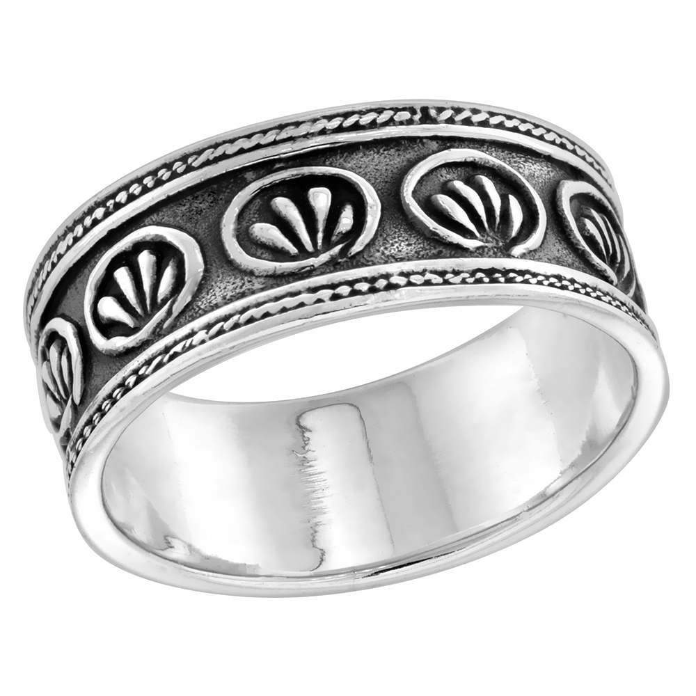 STERLING SILVER FLORAL PATTERN RING FOR WOMEN ROPE EDGE DESIGN 5/16 INCH