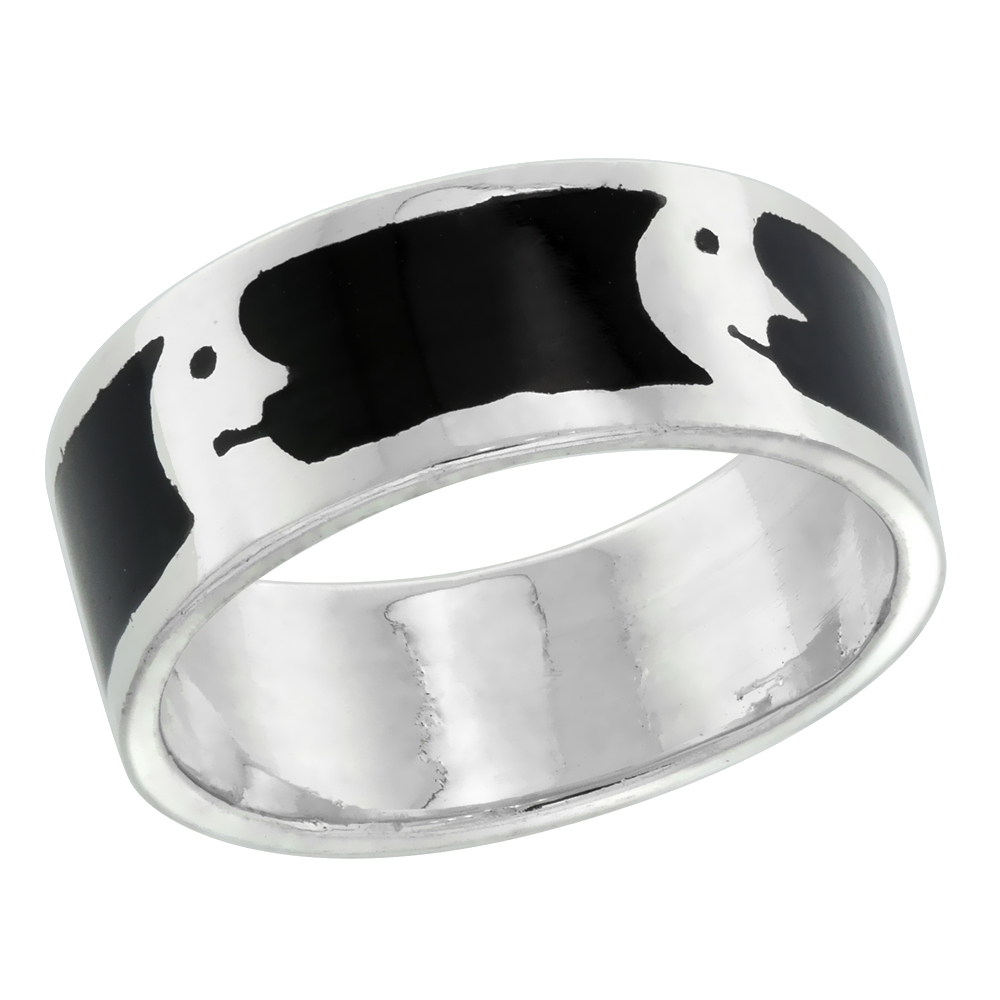 STERLING SILVER MOON MAN RING FOR WOMEN & MEN BLACK ENAMEL 5/16 INCH