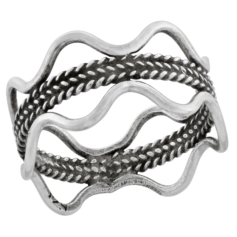 Sterling Silver Wavy Ring Band Ring for Women Rope Center 3/4 wide