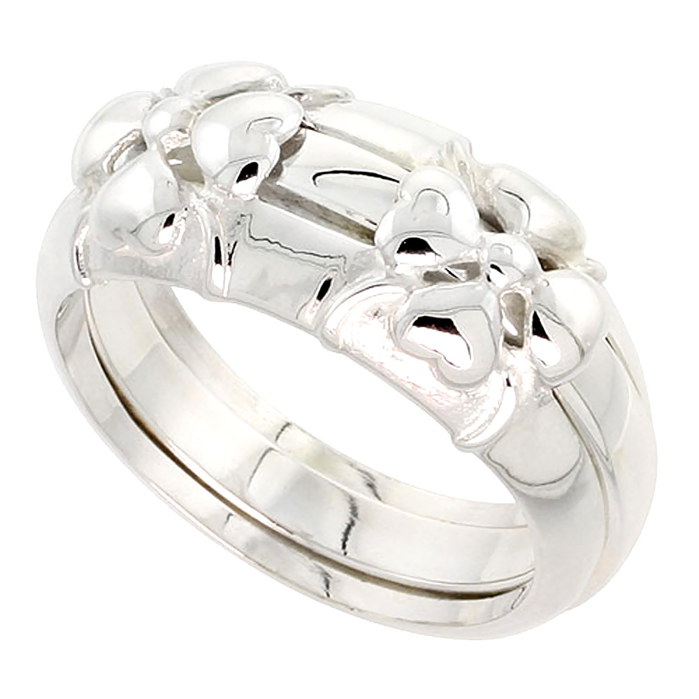 Sterling Silver Heart Petal Flower Ring for Women Flawless finish 3/8 inch wide sizes 6 - 10