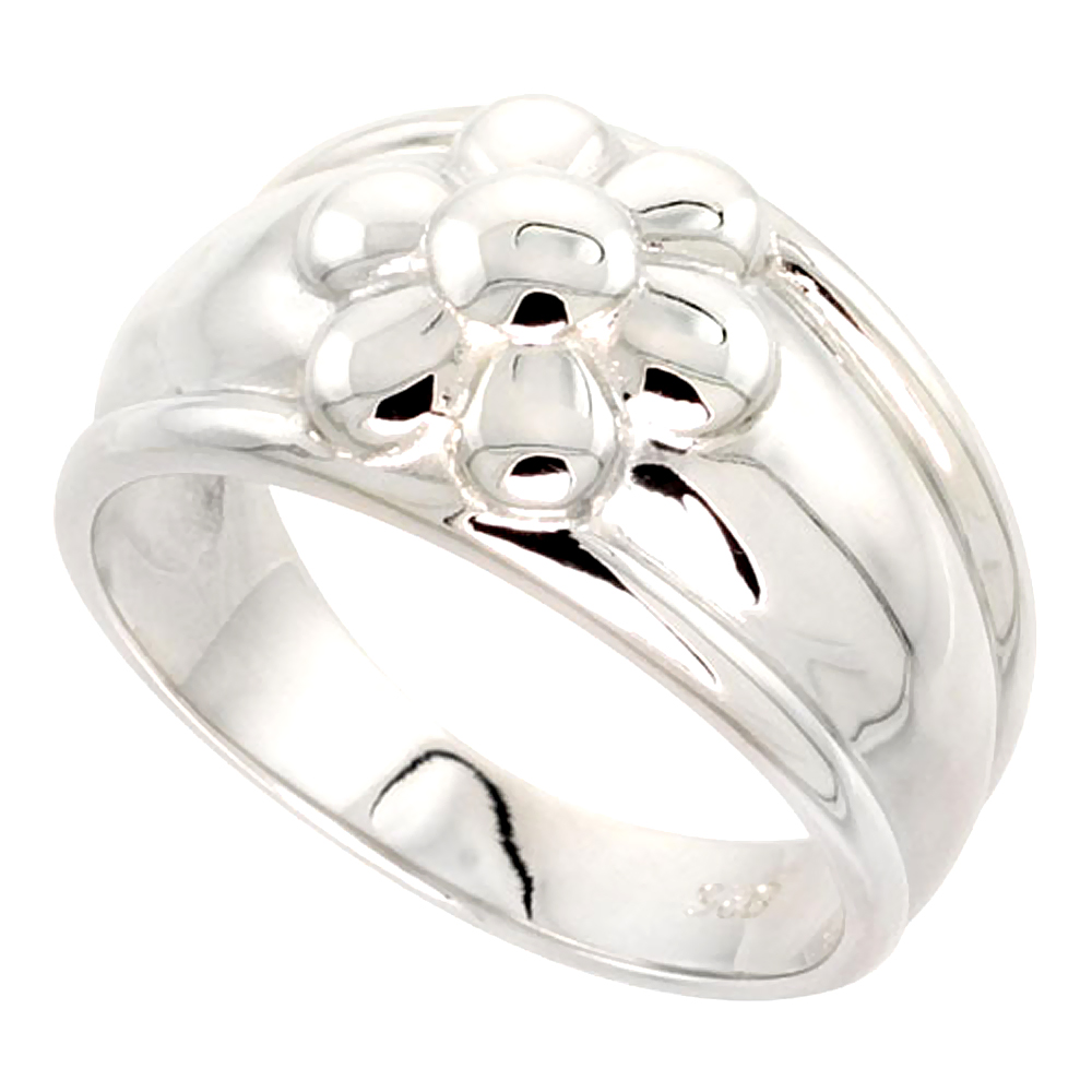 Sterling Silver 6 Petal Flower Cigar Band Ring for Women Flawless finish 1/2 inch wide sizes 6 - 10